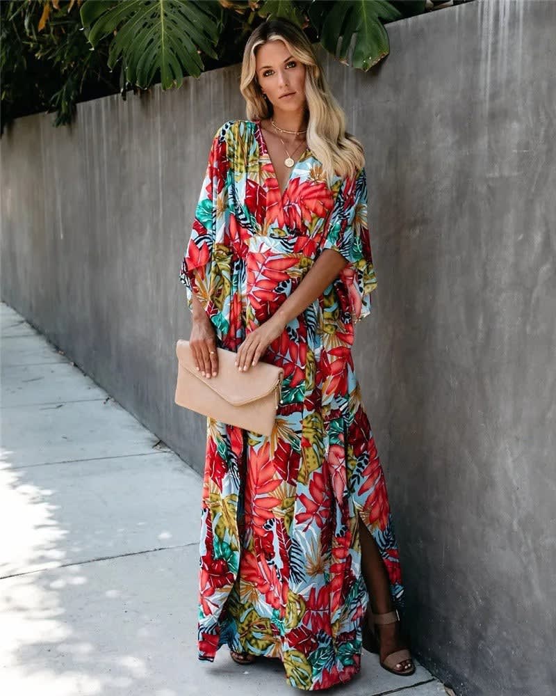 Kylie Wedding Guest Wrap V-Neck Tropical Print Maxi Dress_3