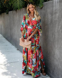 Kylie Wedding Guest Wrap V-Neck Tropical Print Maxi Dress
