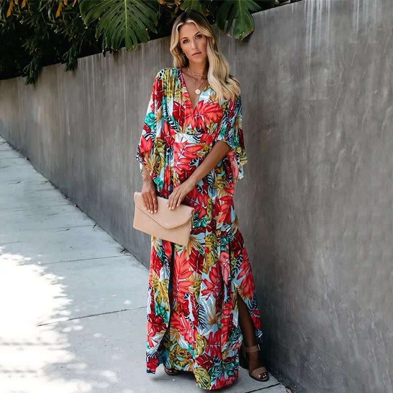 Kylie Wedding Guest Wrap V-Neck Tropical Print Maxi Dress_4
