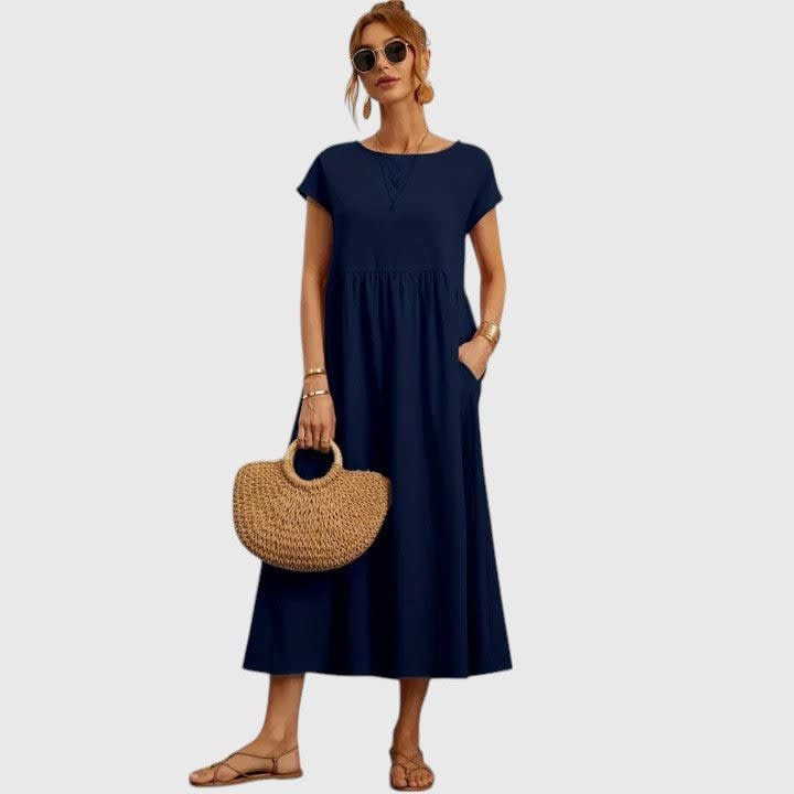 Ruth A-Line Short Sleeve Midi Dress with Pockets