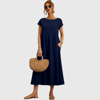 Ruth A-Line Short Sleeve Midi Dress with Pockets
