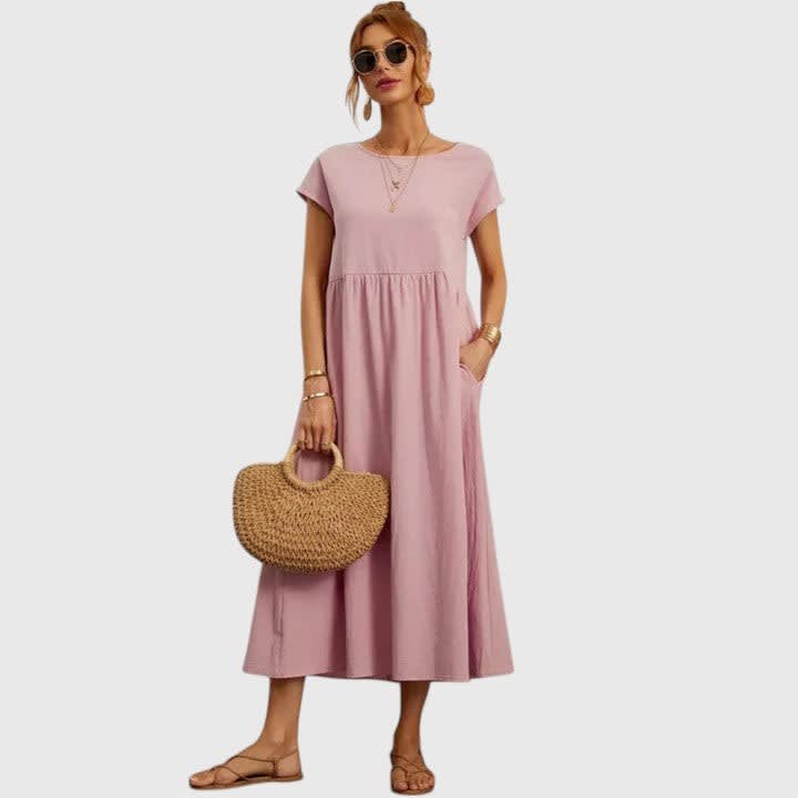 Ruth A-Line Short Sleeve Midi Dress with Pockets