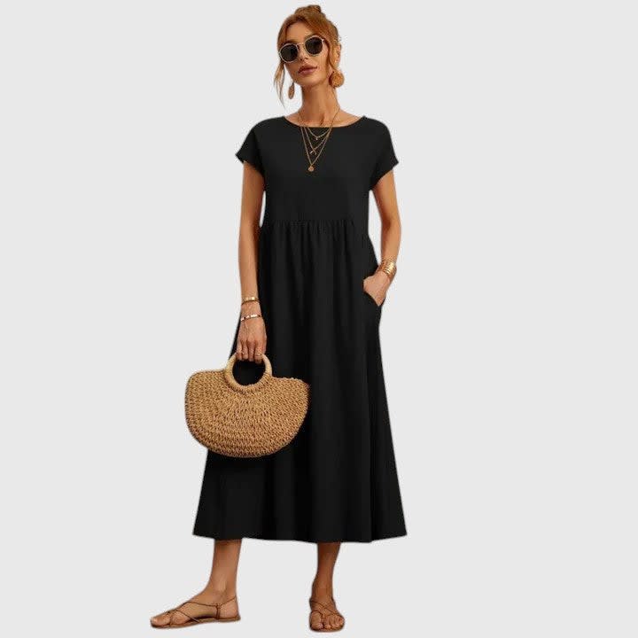Ruth A-Line Short Sleeve Midi Dress with Pockets