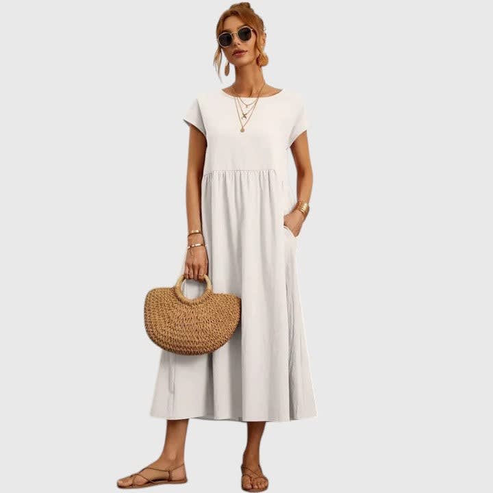 Ruth A-Line Short Sleeve Midi Dress with Pockets
