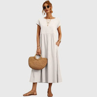 Ruth A-Line Short Sleeve Midi Dress with Pockets