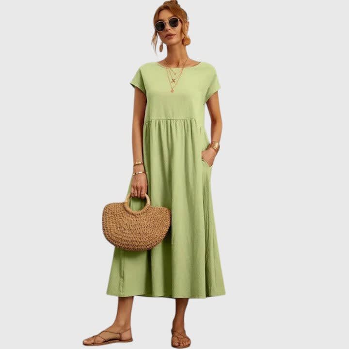 Ruth A-Line Short Sleeve Midi Dress with Pockets_4