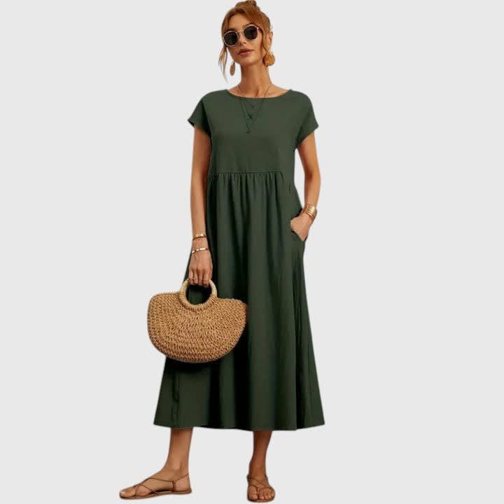 Ruth A-Line Short Sleeve Midi Dress with Pockets