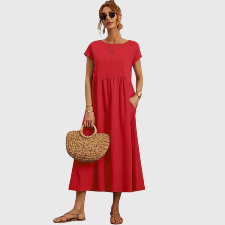 Ruth A-Line Short Sleeve Midi Dress with Pockets_6