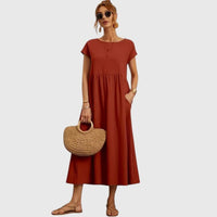 Ruth A-Line Short Sleeve Midi Dress with Pockets