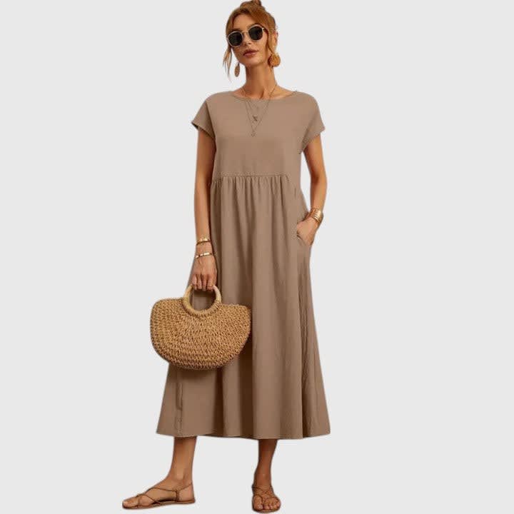 Ruth A-Line Short Sleeve Midi Dress with Pockets_9