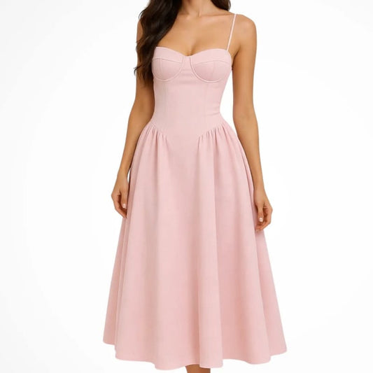 Giselle Strappy Pink Corset Wedding Guest Midi Dress_1