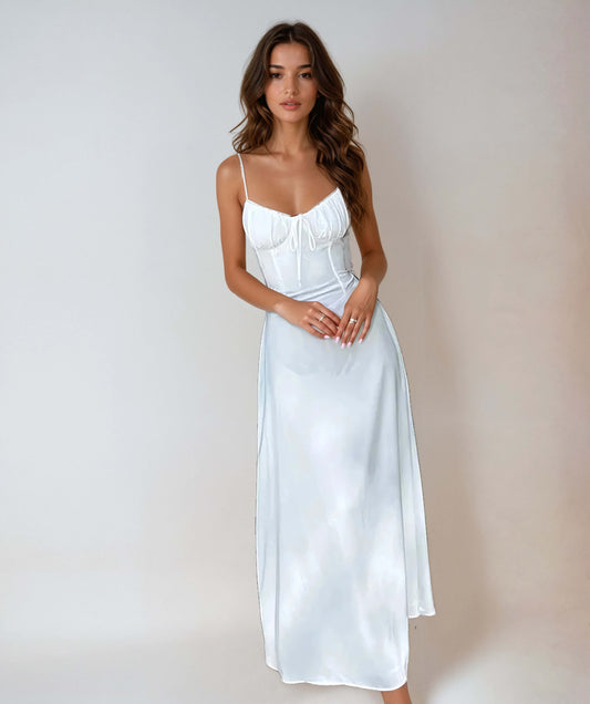 Maya Ruched Satin Wedding Guest Maxi Dress_1