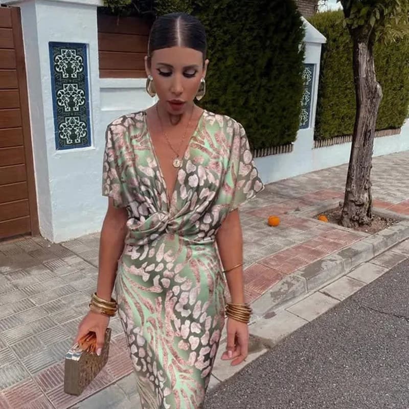 Daphne Printed Surplice Wedding Guest Midi Dress