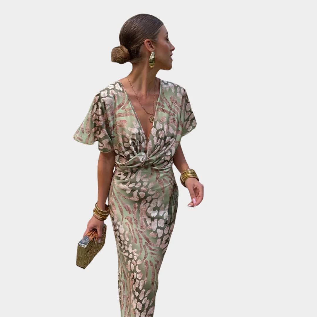 Daphne Printed Surplice Wedding Guest Midi Dress_2