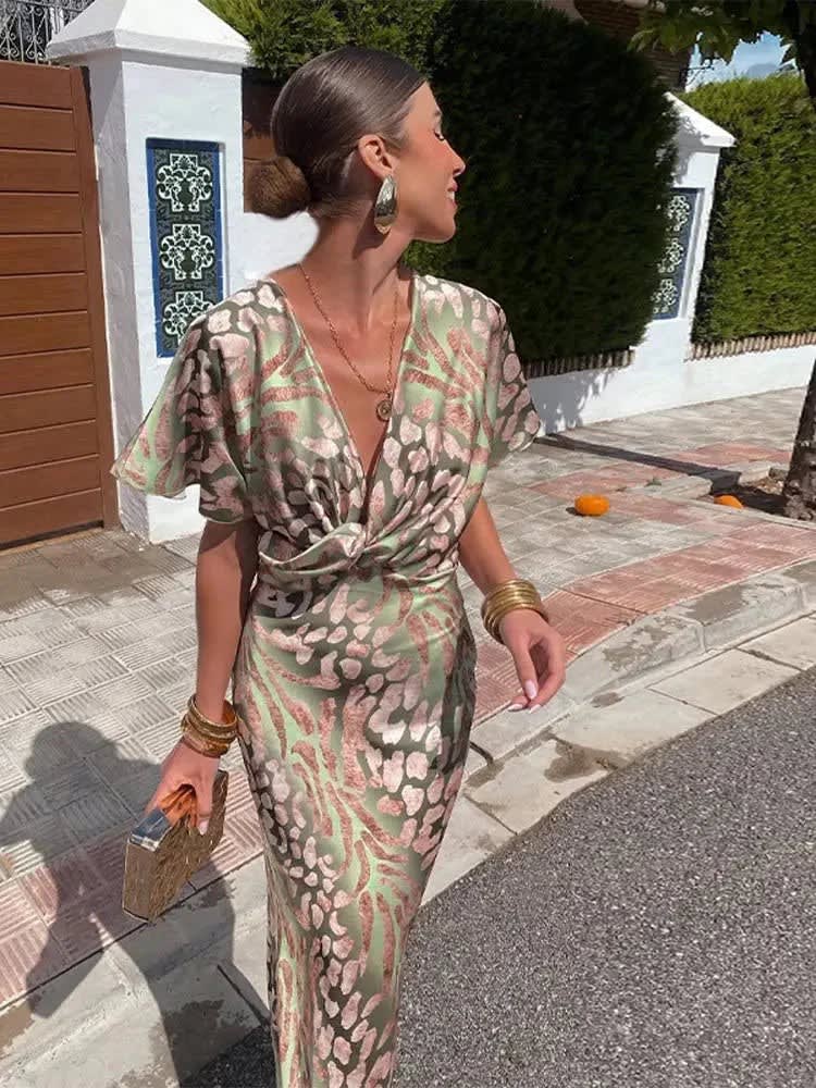 Daphne Printed Surplice Wedding Guest Midi Dress