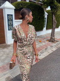 Daphne Printed Surplice Wedding Guest Midi Dress