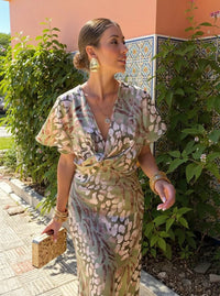 Daphne Printed Surplice Wedding Guest Midi Dress