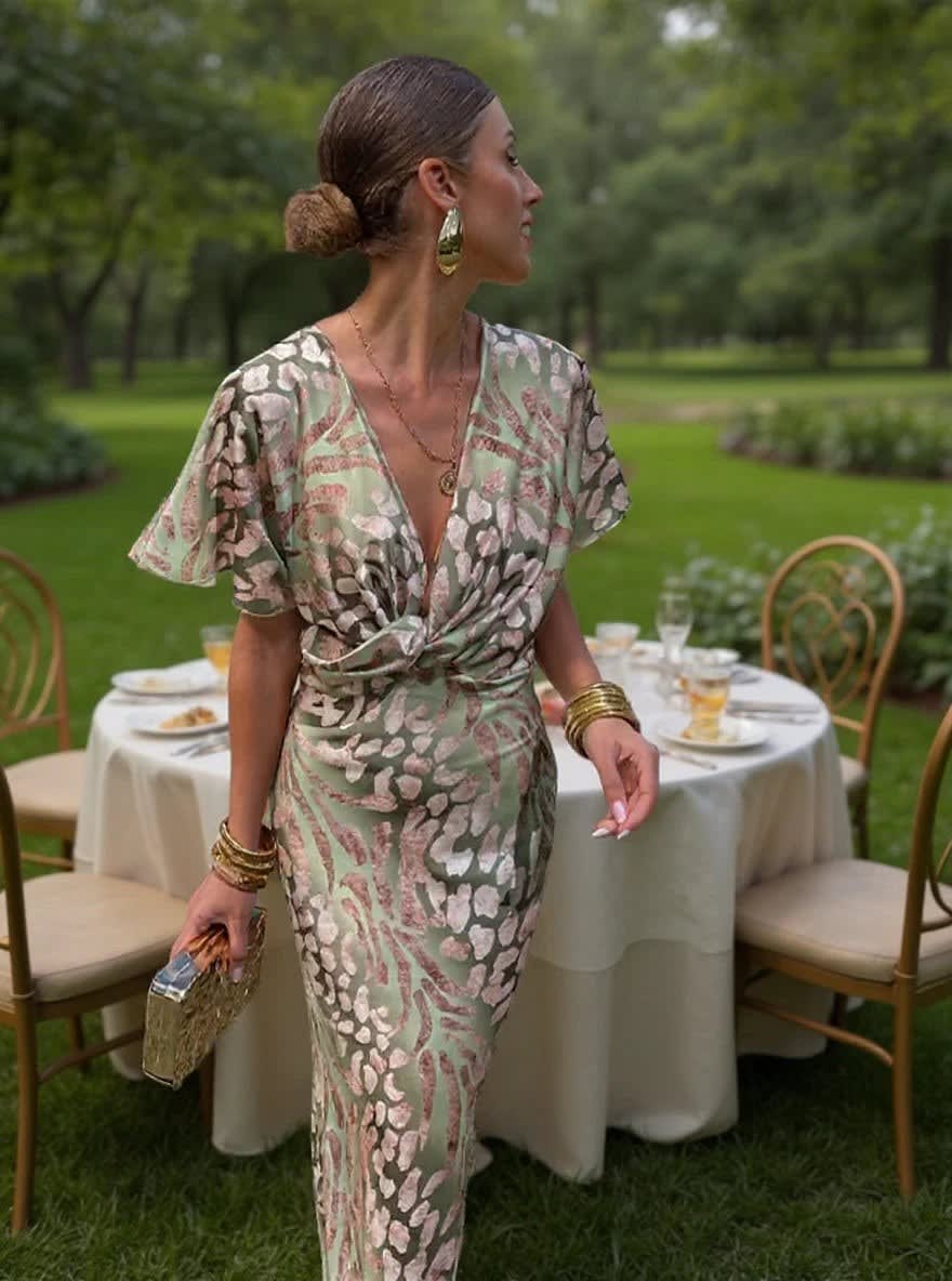 Daphne Printed Surplice Wedding Guest Midi Dress