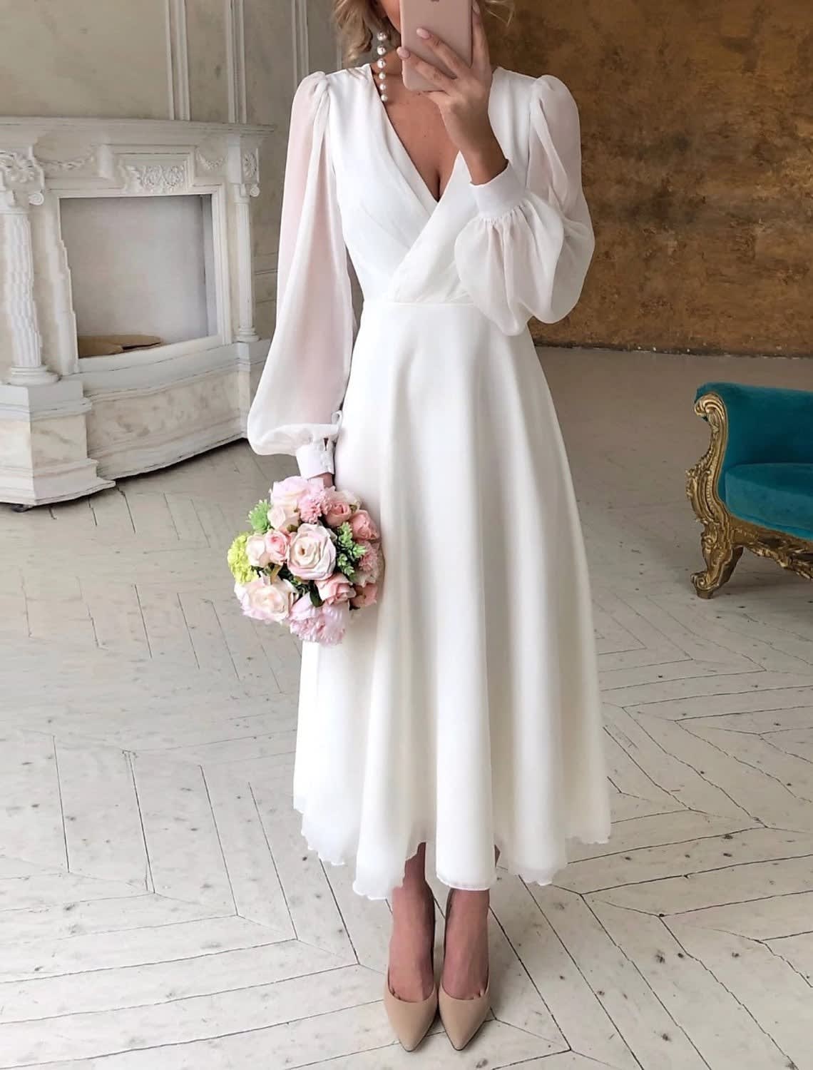 Cora White Long Sleeve V-Neck Wedding Midi Dress_1