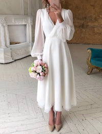 Cora White Long Sleeve V-Neck Wedding Midi Dress