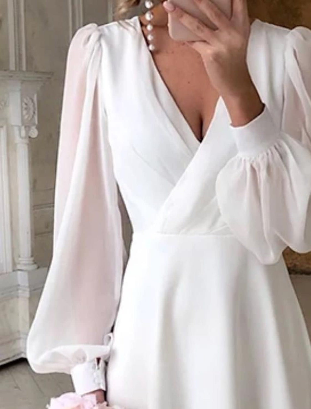 Cora White Long Sleeve V-Neck Wedding Midi Dress