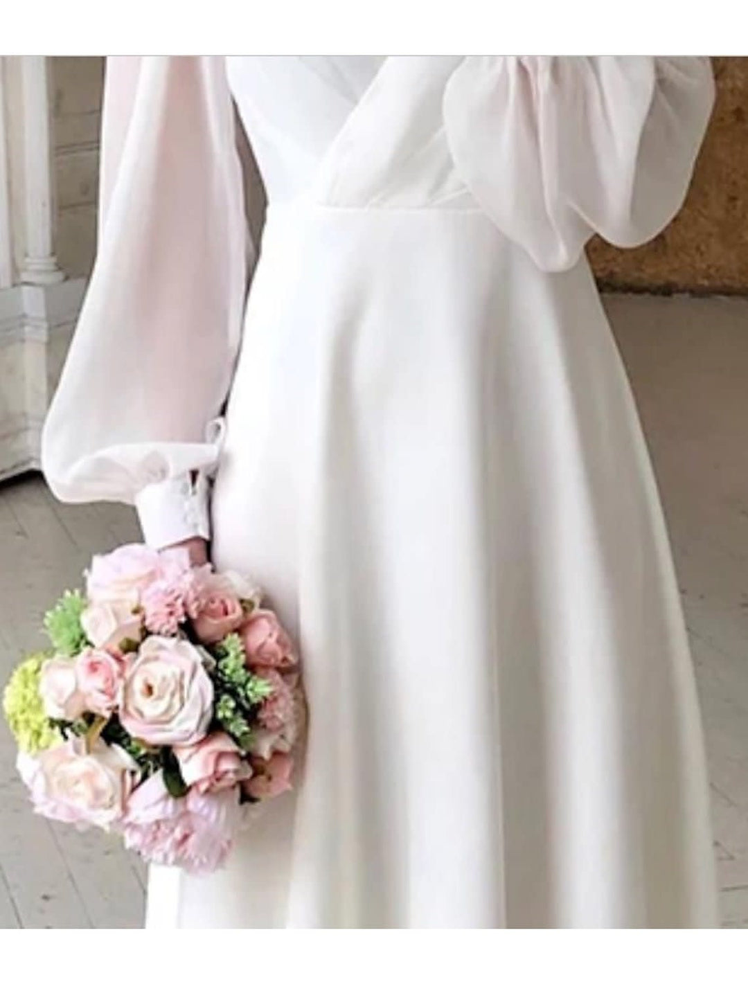 Cora White Long Sleeve V-Neck Wedding Midi Dress