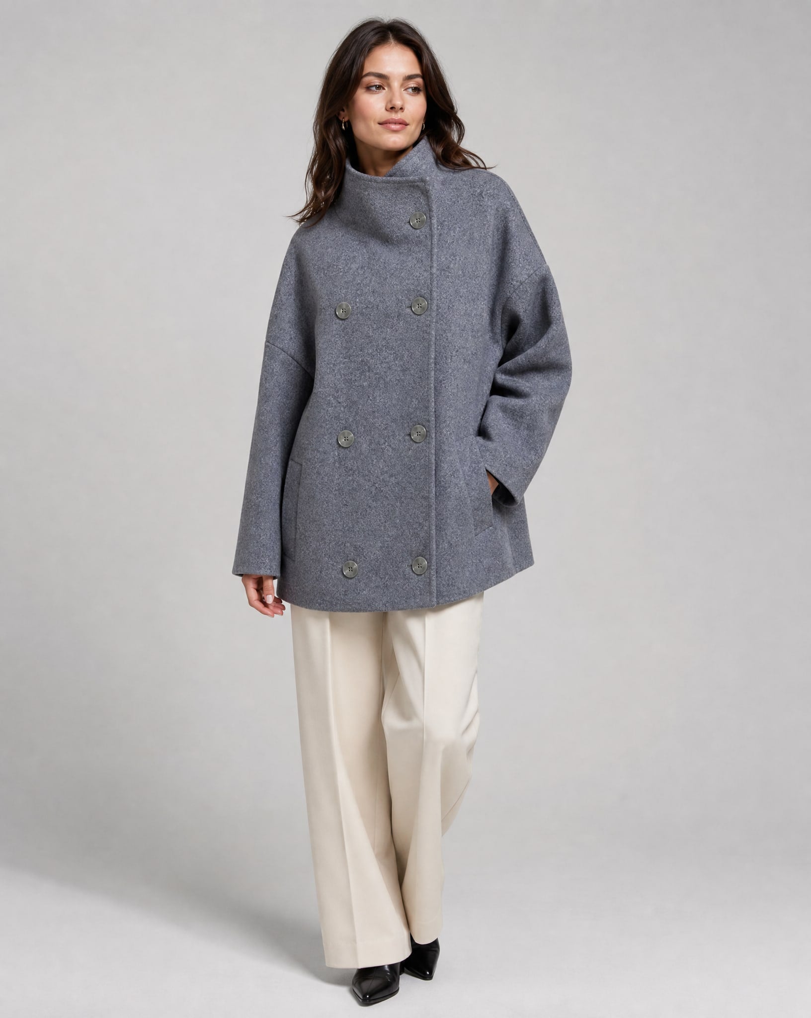 Ines Stand Collar Wool Blend Pea Coat