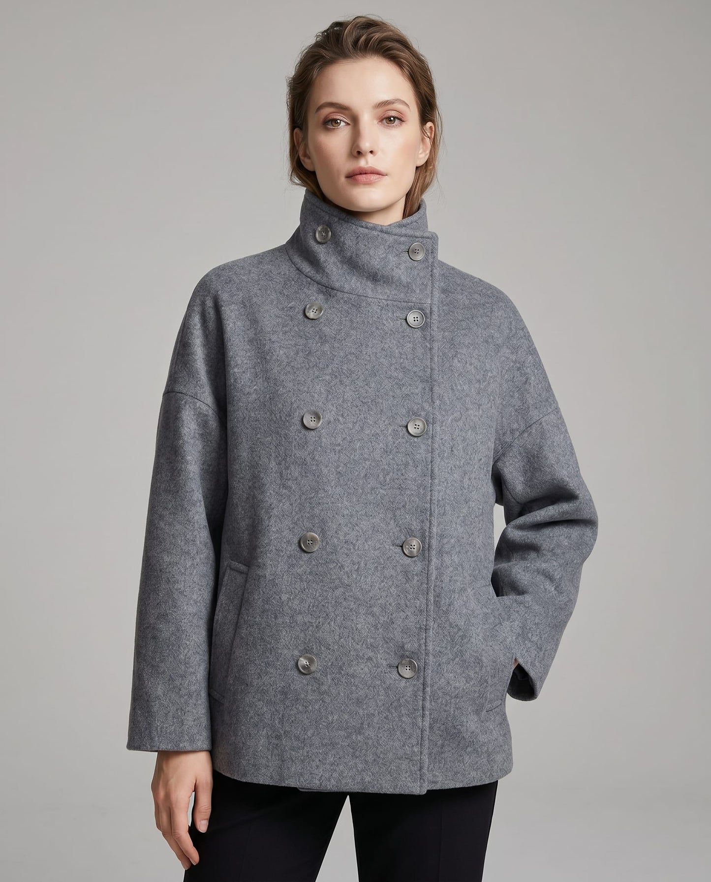 Ines Stand Collar Wool Blend Pea Coat_2