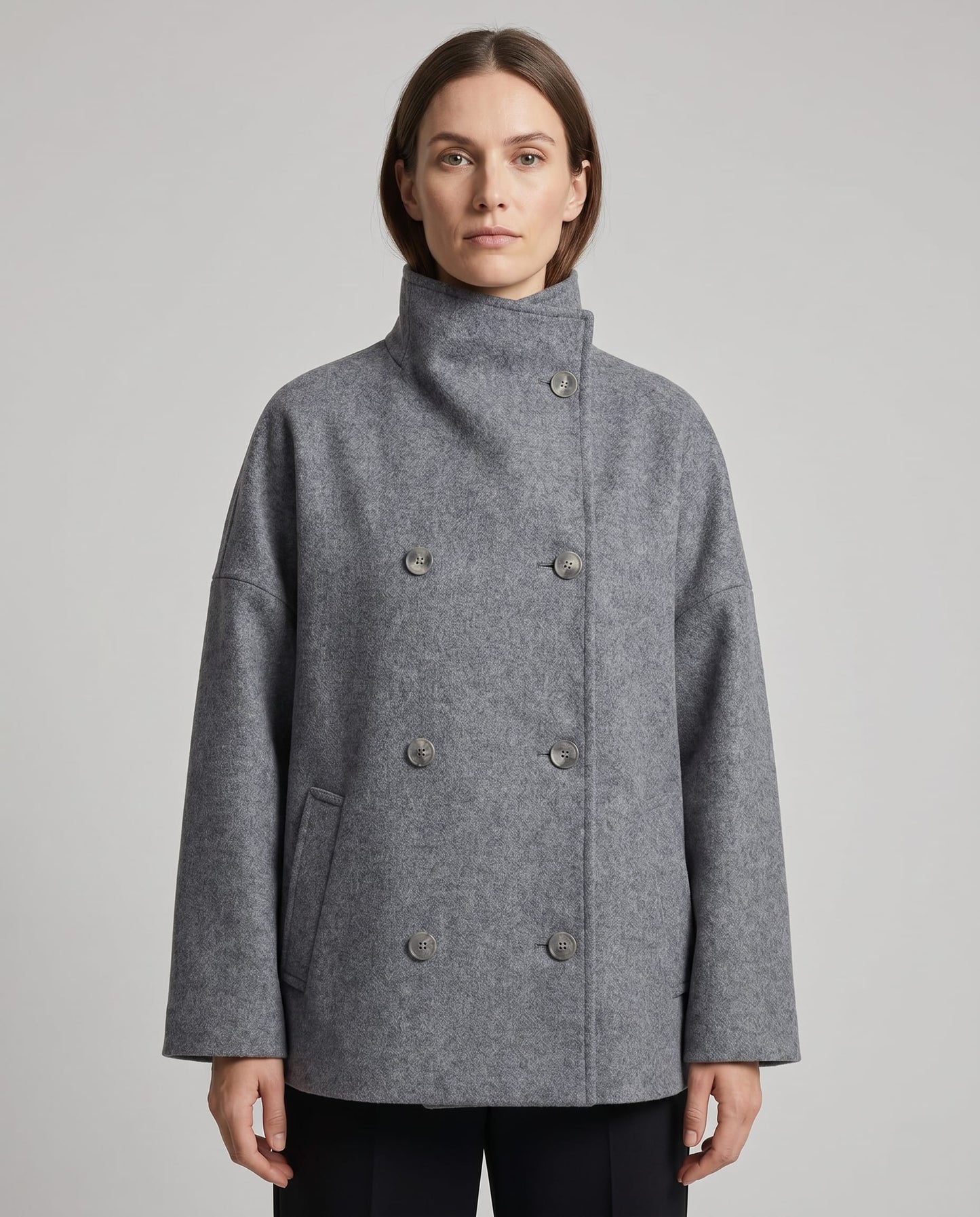 Ines Stand Collar Wool Blend Pea Coat_3