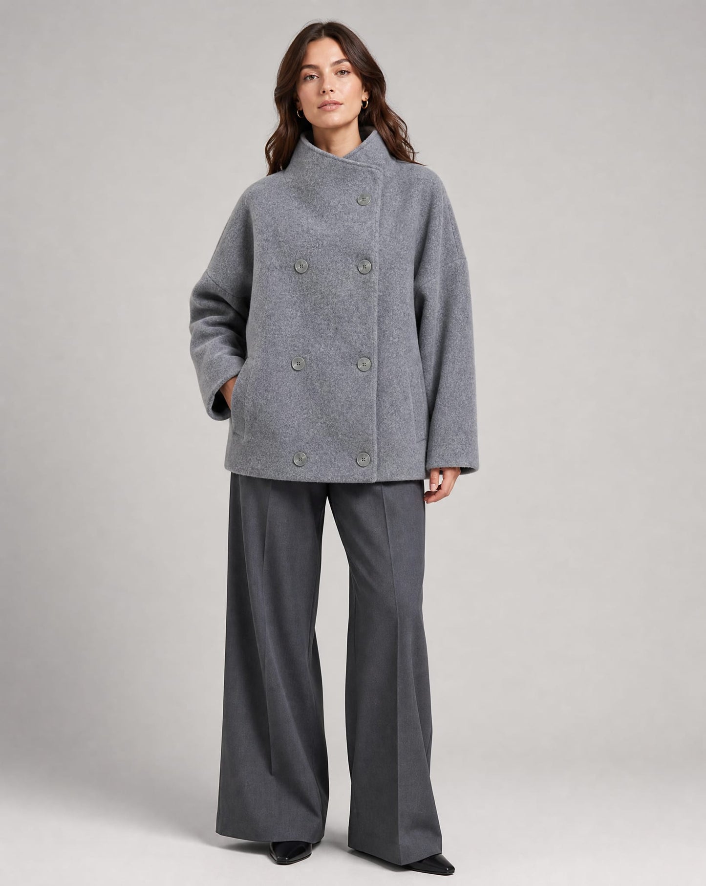 Ines Stand Collar Wool Blend Pea Coat_4