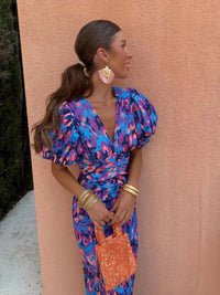 Leila Wedding Guest Puff Sleeve Wrap V-Neck Dress