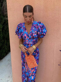 Leila Wedding Guest Puff Sleeve Wrap V-Neck Dress