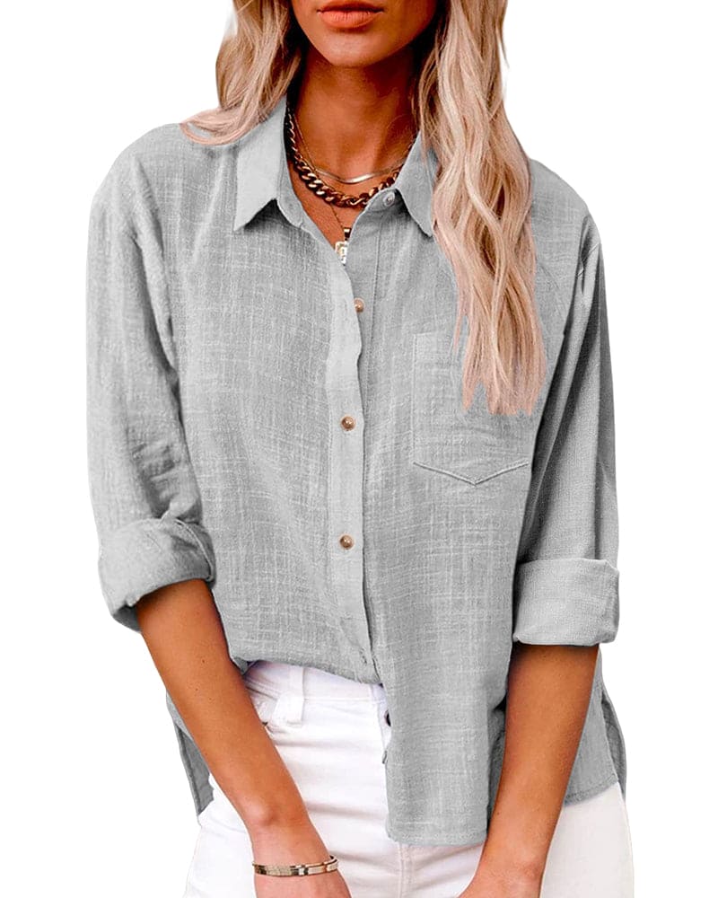 Delilah Gray Collared Long Sleeve Button-Up Shirt Relaxed Fit