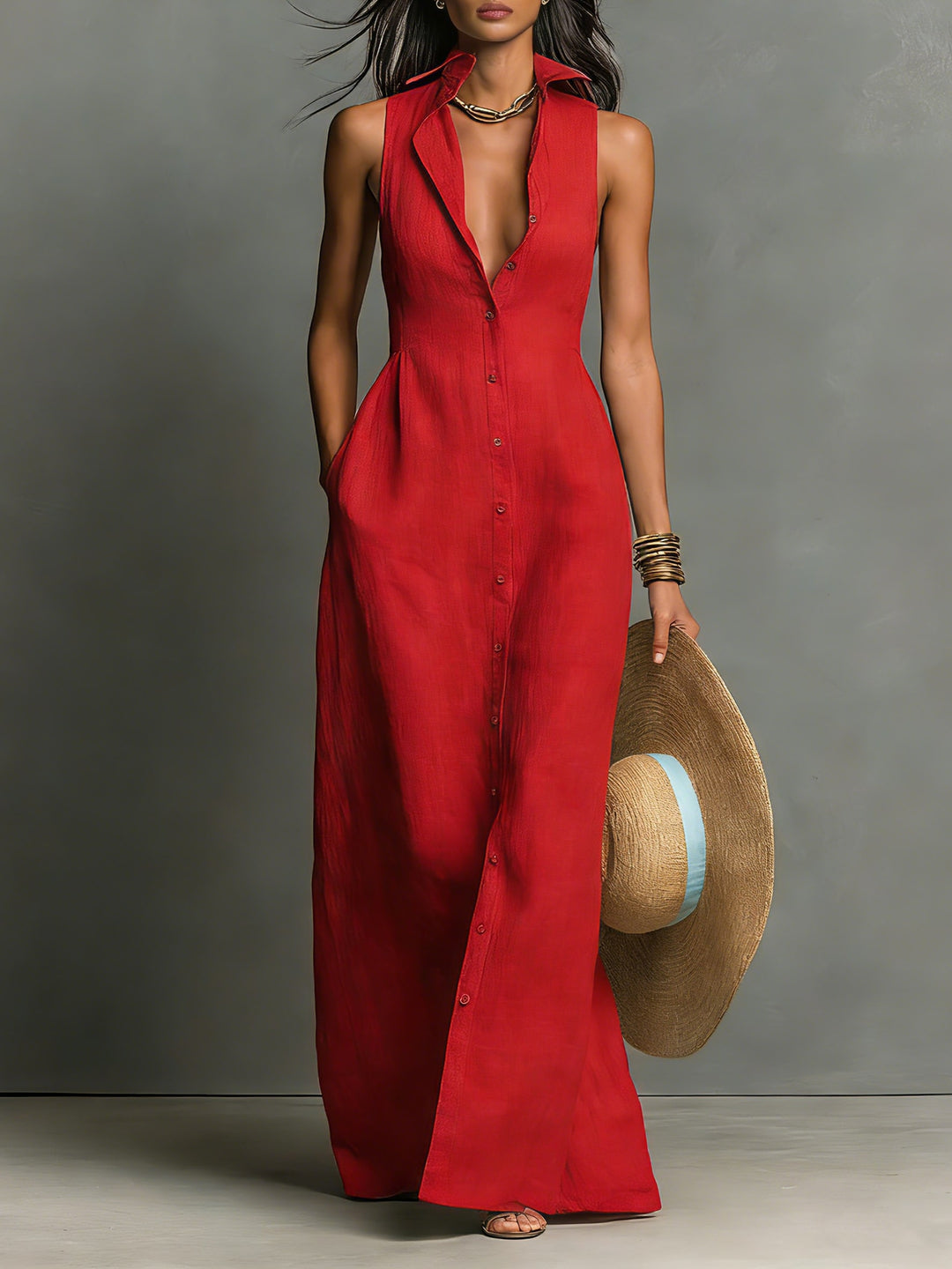 Adelaide Sleeveless Collared Maxi Shirt Dress