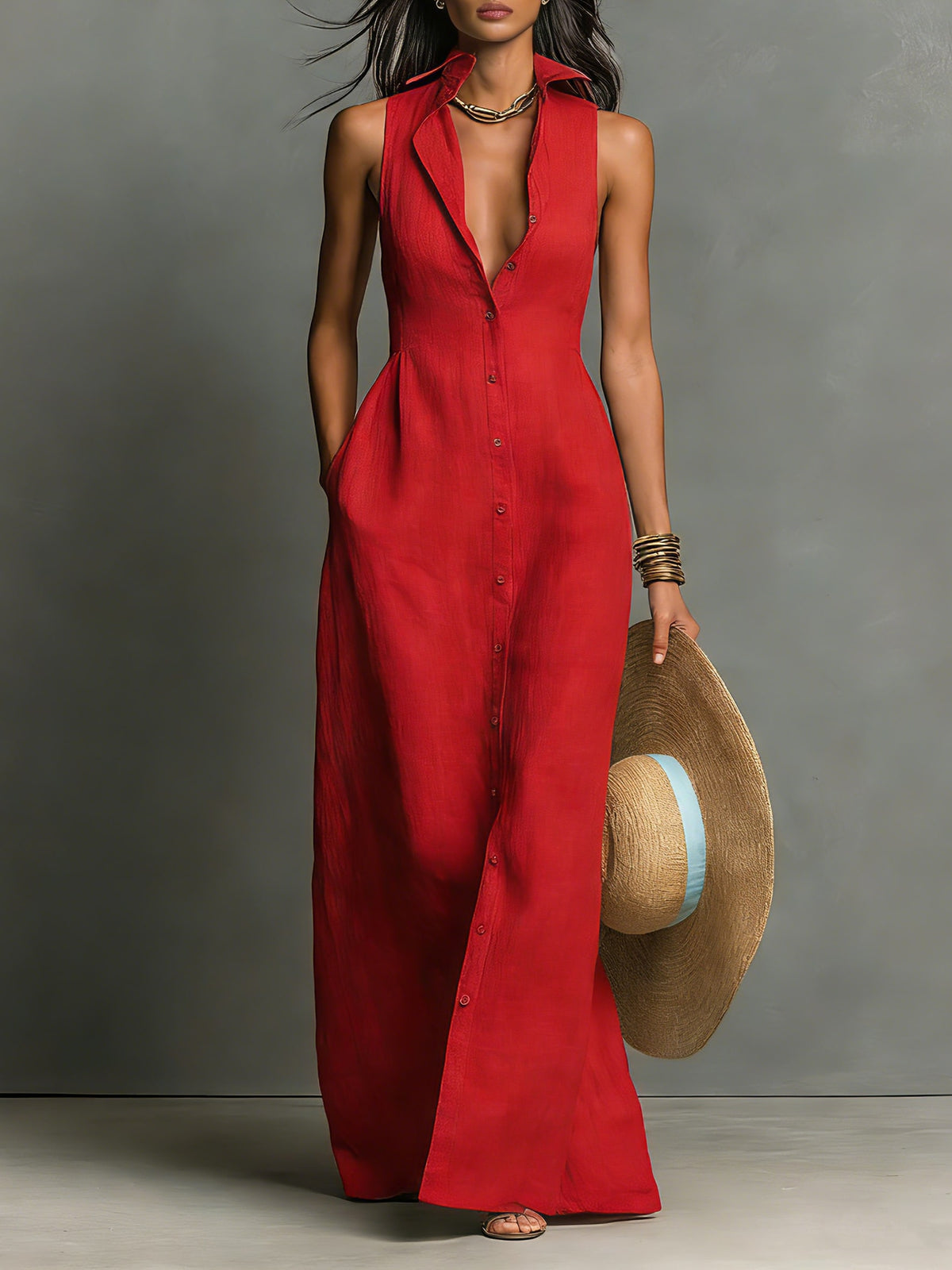 Adelaide Sleeveless Collared Maxi Shirt Dress_1