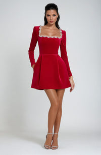 Kara Wedding Guest Square Neck Long Sleeve Embellished Mini Dress