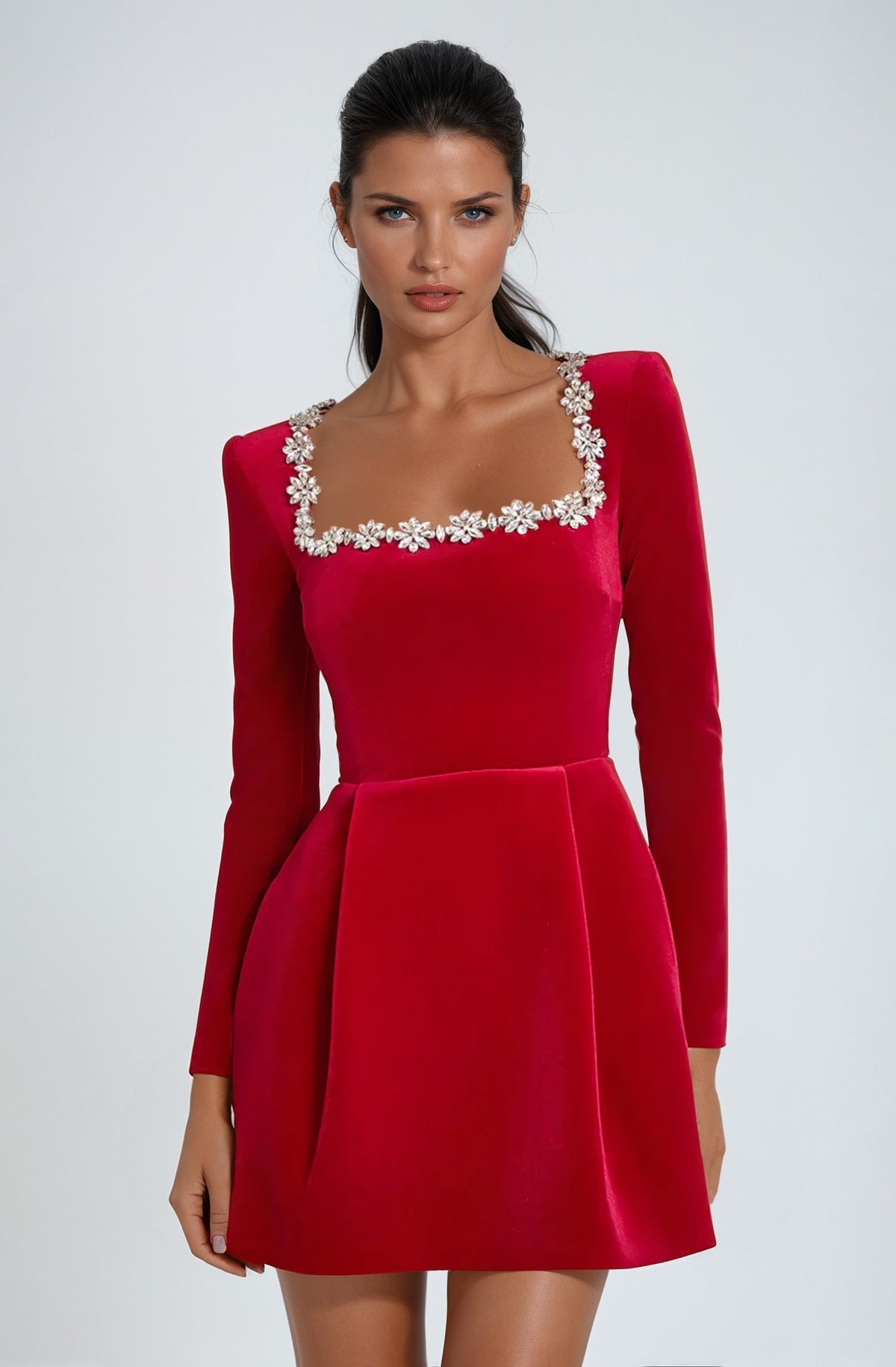 Kara Wedding Guest Square Neck Long Sleeve Embellished Mini Dress_5