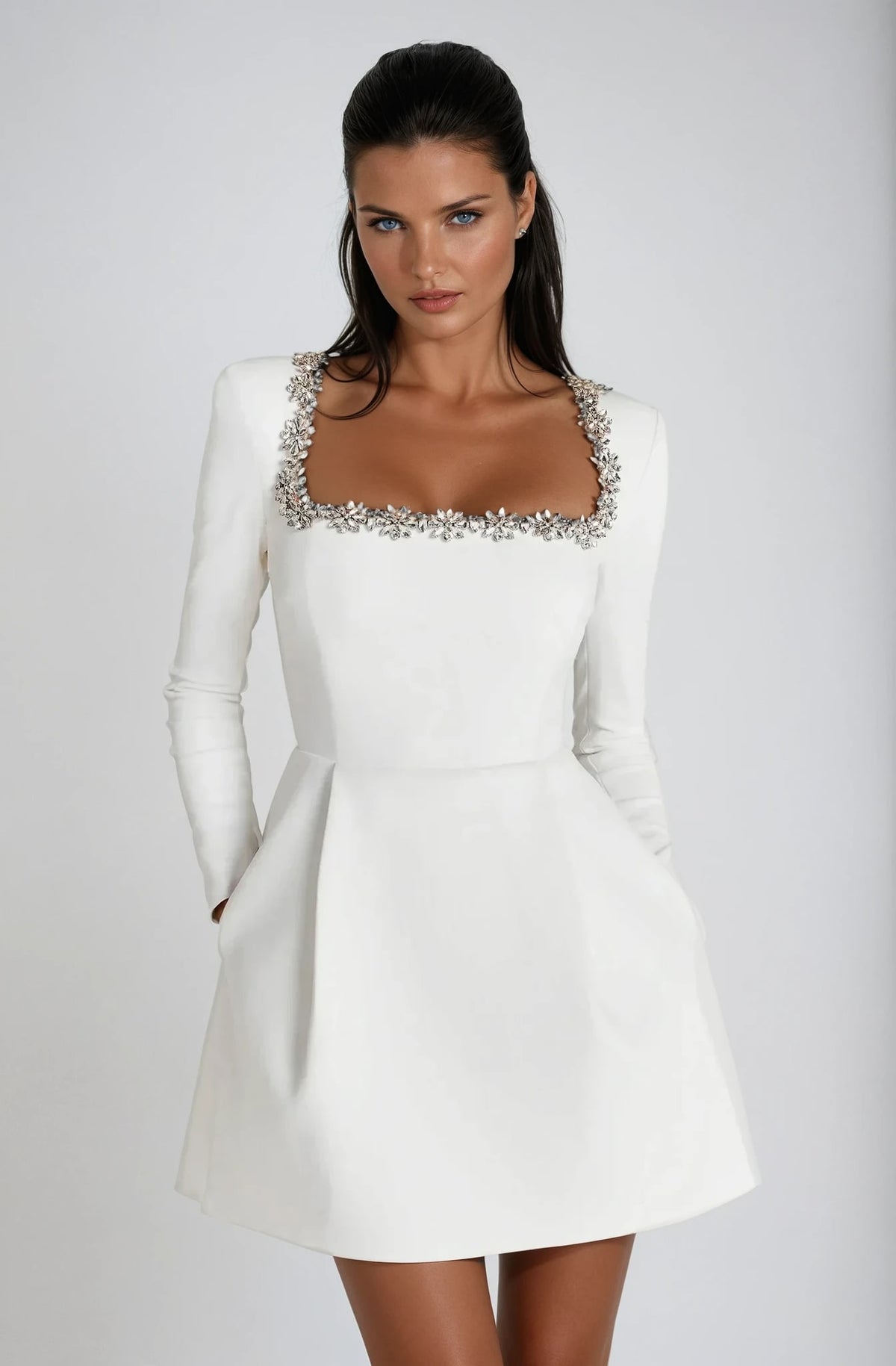 Kara Wedding Guest Square Neck Long Sleeve Embellished Mini Dress_6