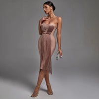 Janelle Strapless Fringe Bandage Party Midi Dress