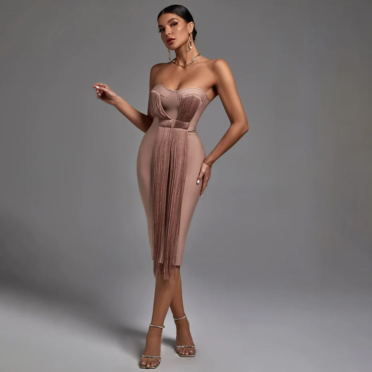 Janelle Strapless Fringe Bandage Party Midi Dress_2