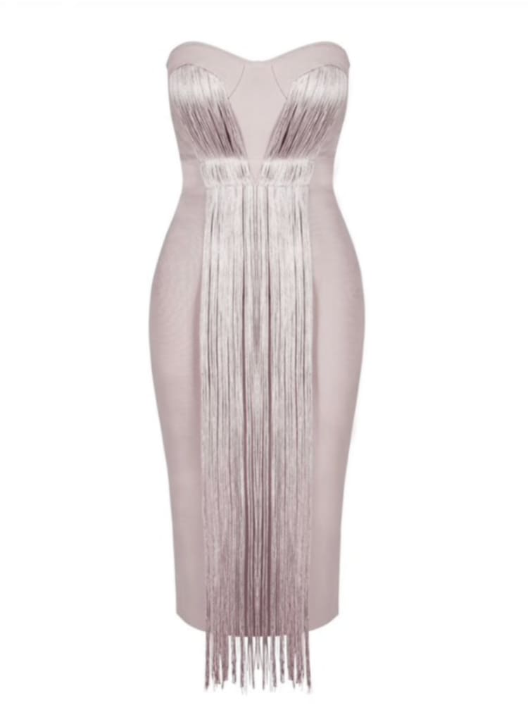 Janelle Strapless Fringe Bandage Party Midi Dress