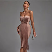 Janelle Strapless Fringe Bandage Party Midi Dress