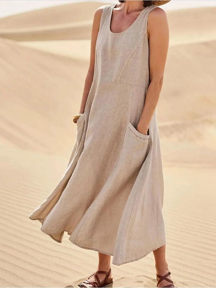 Jessie Linen Scoop Neck Sleeveless Midi Dress with Pockets_1