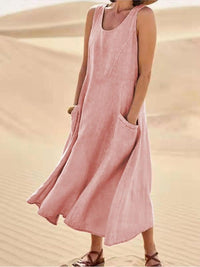Jessie Linen Scoop Neck Sleeveless Midi Dress with Pockets