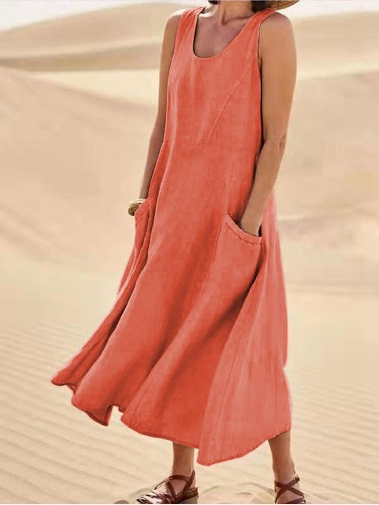 Jessie Linen Scoop Neck Sleeveless Midi Dress with Pockets_3