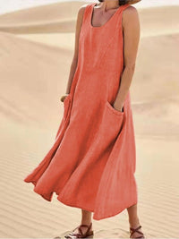 Jessie Linen Scoop Neck Sleeveless Midi Dress with Pockets