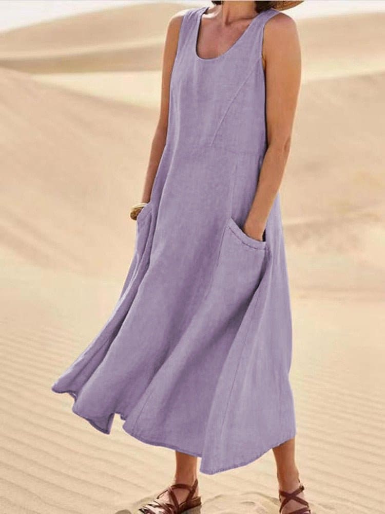 Jessie Linen Scoop Neck Sleeveless Midi Dress with Pockets