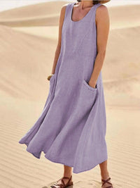 Jessie Linen Scoop Neck Sleeveless Midi Dress with Pockets
