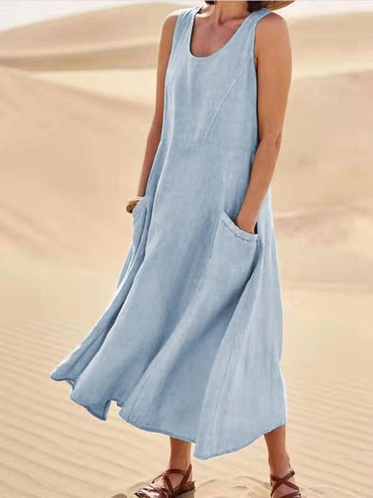 Jessie Linen Scoop Neck Sleeveless Midi Dress with Pockets
