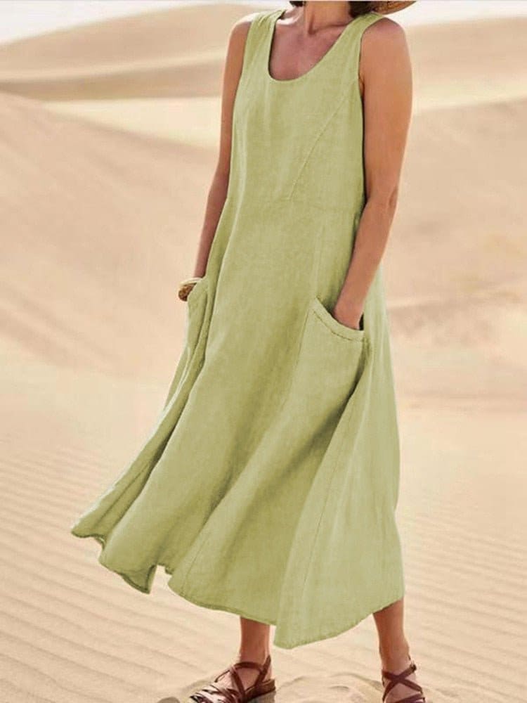 Jessie Linen Scoop Neck Sleeveless Midi Dress with Pockets_6